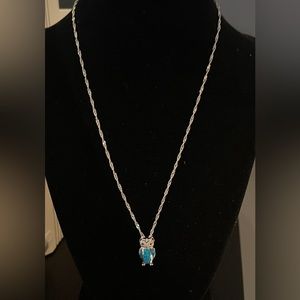 Sterling Silver 925 Owl Blue Opal & Rhinestone Pendant Necklace NWT